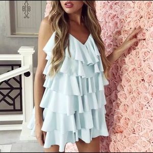 Baby blue ruffle mini summer dress layered